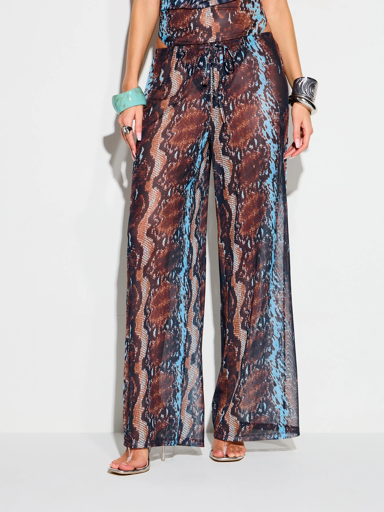 KIZN Snake Print Mesh Wide Leg Trousers