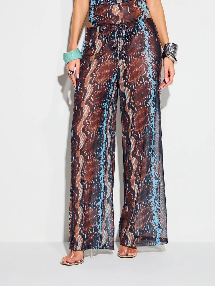 KIZN Women Snake Print Mesh High Waisted Wide Leg Palazzo Trousers Casual Loose Fit Full Length Pants Spring Summer Fashion