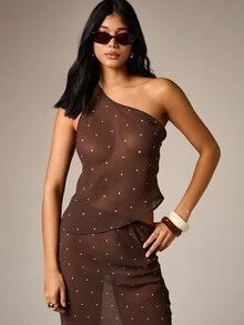 AiiRZ Women's Chiffon One Shoulder Asymmetric Top With Polka Dot Pattern Semi Sheer Blouse For Date Night Party - Brown - View 1