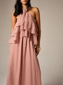 AiiRZ Vestido maxi elegante de fiesta de verano para invitada de boda, con cuello halter, volantes escalonados, sin mangas y longitud hasta el suelo, con silueta en línea A y fluida - Rosa vieja - Ver 3