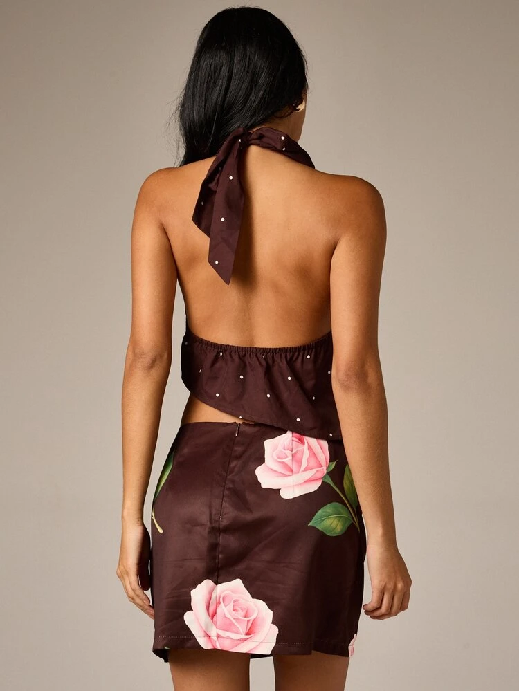 Polka Dot Halter Top With Rose Print
