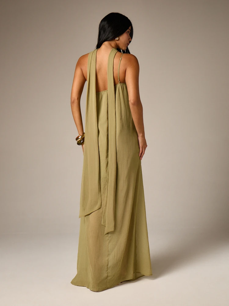 AiiRZ One Shoulder Flowing Maxi Dress With Neck Drape