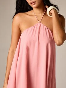 AiiRZ Womens Halter Neck Floaty Mini Dress Summer Backless Chiffon A-Line Party Evening Sleeveless Flowing Short Dress Feminine Style Wedding Guest - Dusty Pink - View 4