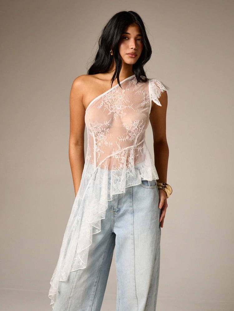 One Shoulder Lace Blouse With Ruffled Hem