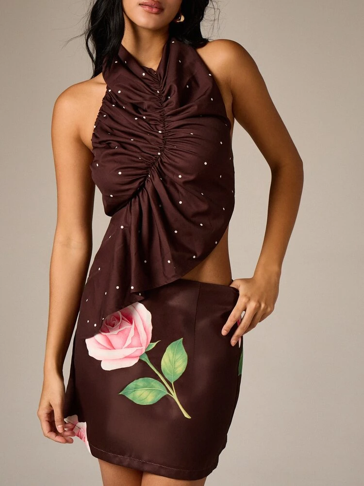 Brown Rose Print Mini Skirt