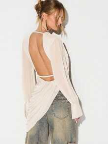 KIZN 女士网纱垂褶领长袖露背裹身式上衣 - 奶油色 - 查看 2