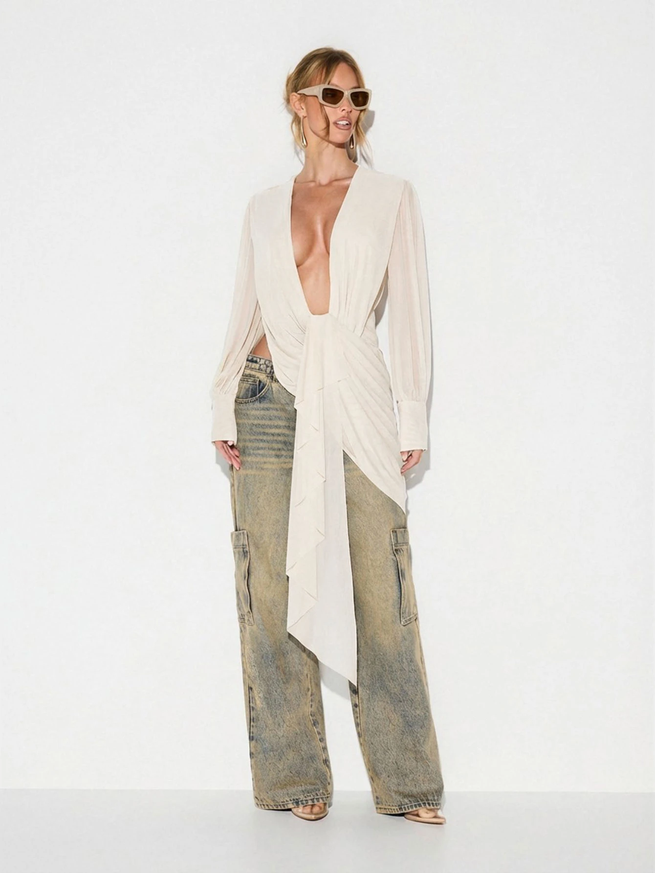 KIZN Mesh Cowl Neck Drape Detail Blouse