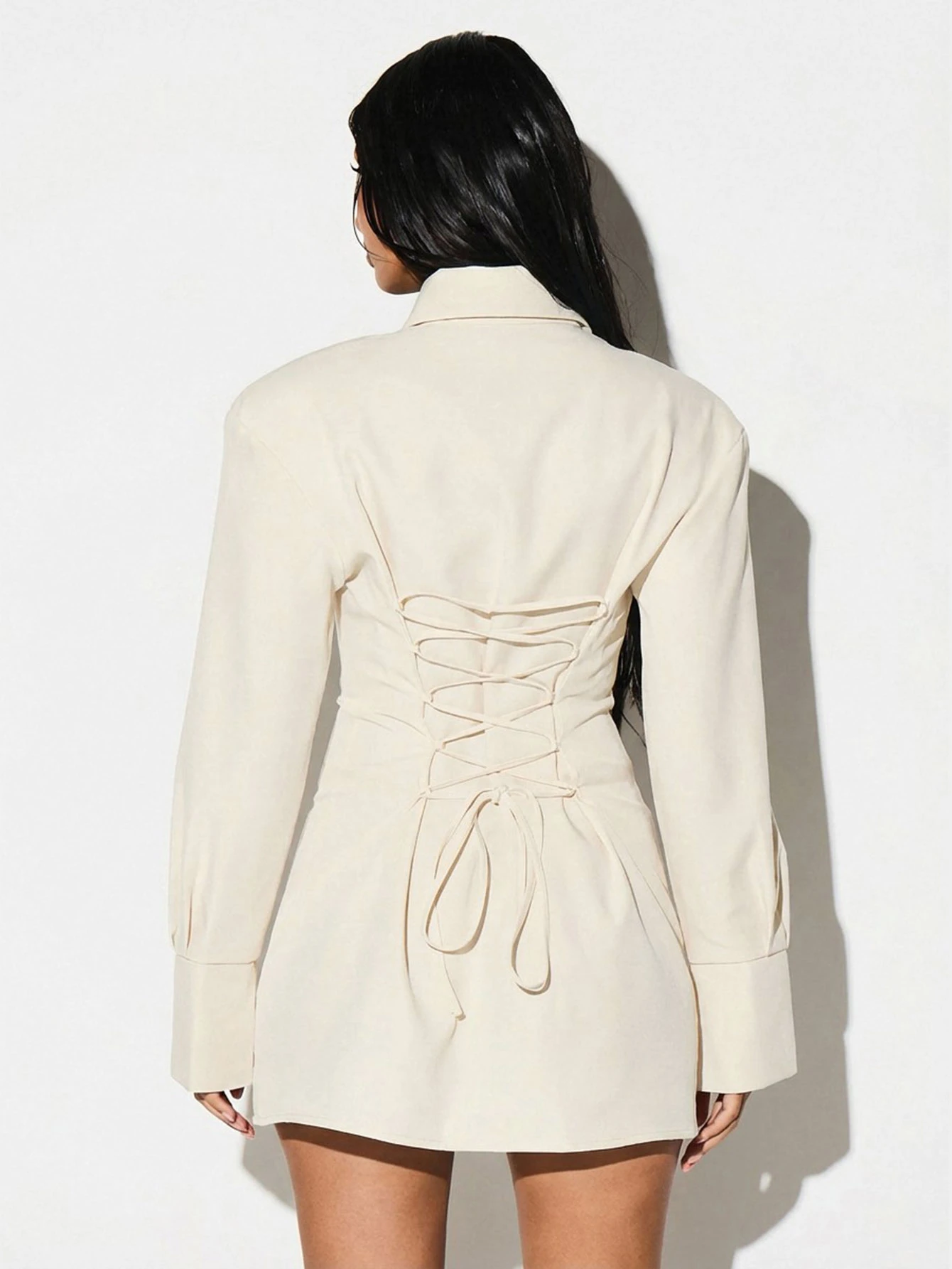 KIZN Shoulder Pad Lace Up Back Shirt Dress