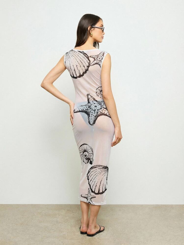 Shell Mesh Dress With Sea Life Print
