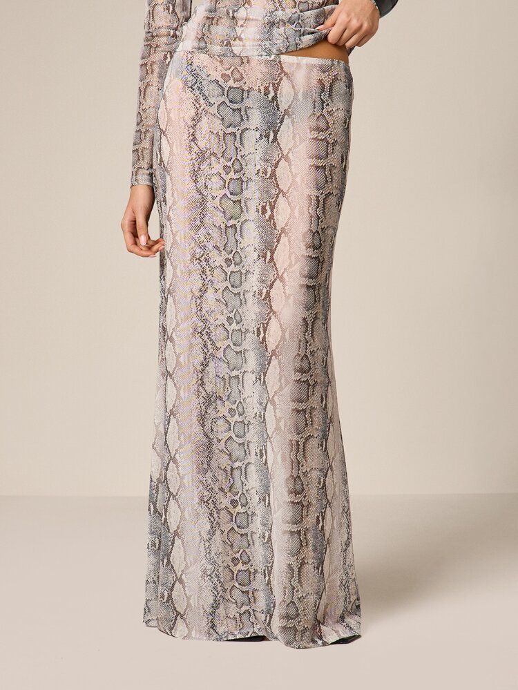 Snake Print Mesh Maxi Skirt