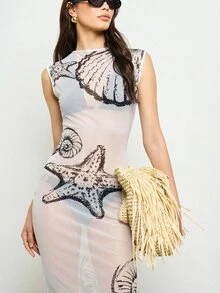 AiiRZ 贝壳网纱长裙，饰以海星和贝壳等海洋生物印花，修身中长连衣裙，适合海滩度假夏季穿着 - 白色 - 查看 5