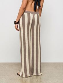 AiiRZ Striped Wide Leg High Waisted Knit Trousers With Drawstring Waist For Casual Summer Beach Vacation Resort Wear - Camel - View 2