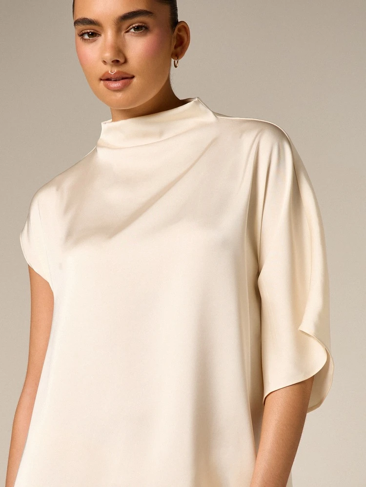 AiiRZ Women's Asymmetric Drape Mini Dress High Neck Short Sleeve Irregular Hem Party Evening Dress