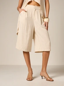 AiiRZ 女士亚麻长款百慕大短裤 高腰阔腿七分裤 夏季休闲宽松版型 中性透气 - 杏色 - 查看 1