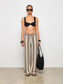 AiiRZ Striped Wide Leg High Waisted Knit Trousers With Drawstring Waist For Casual Summer Beach Vacation Resort Wear - Camel - View 3