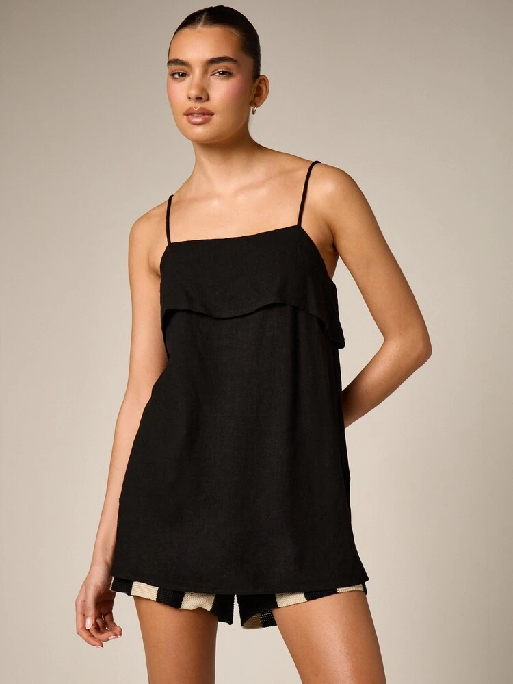 Black Linen Longline Cami With Ruffle Overlay