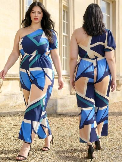  ELLERISSA 大码派对单肩夏季印花修身女式连体裤，蓝色抽象印花丝滑面料泡泡袖连体裤，夏季度假装，商务休闲女装，优雅长裤，单肩上衣，婚礼宾客装，夏季女式连体裤。