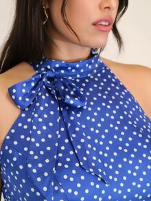 ELLERISSA 大码女士蓝色波点印花百褶长裙，高领蝴蝶结领口，收腰设计，波点长裙，夏季服装，婚礼宾客礼服，正式场合礼服 - 藍色 - 查看 7