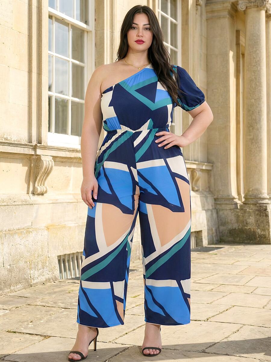 ELLERISSA Große Größen Mehrfarbiger abstrakter Jumpsuit mit einem Schulter und weitem Bein - Verschiedenfarbig - Übersicht 1