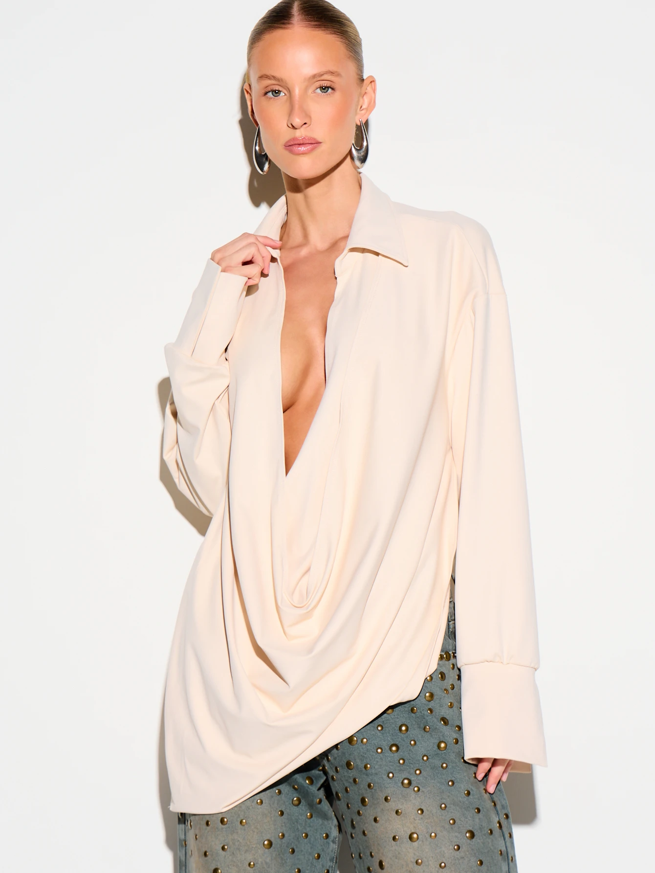 KIZN Oversized Cowl Neck Drape Blouse With Collar