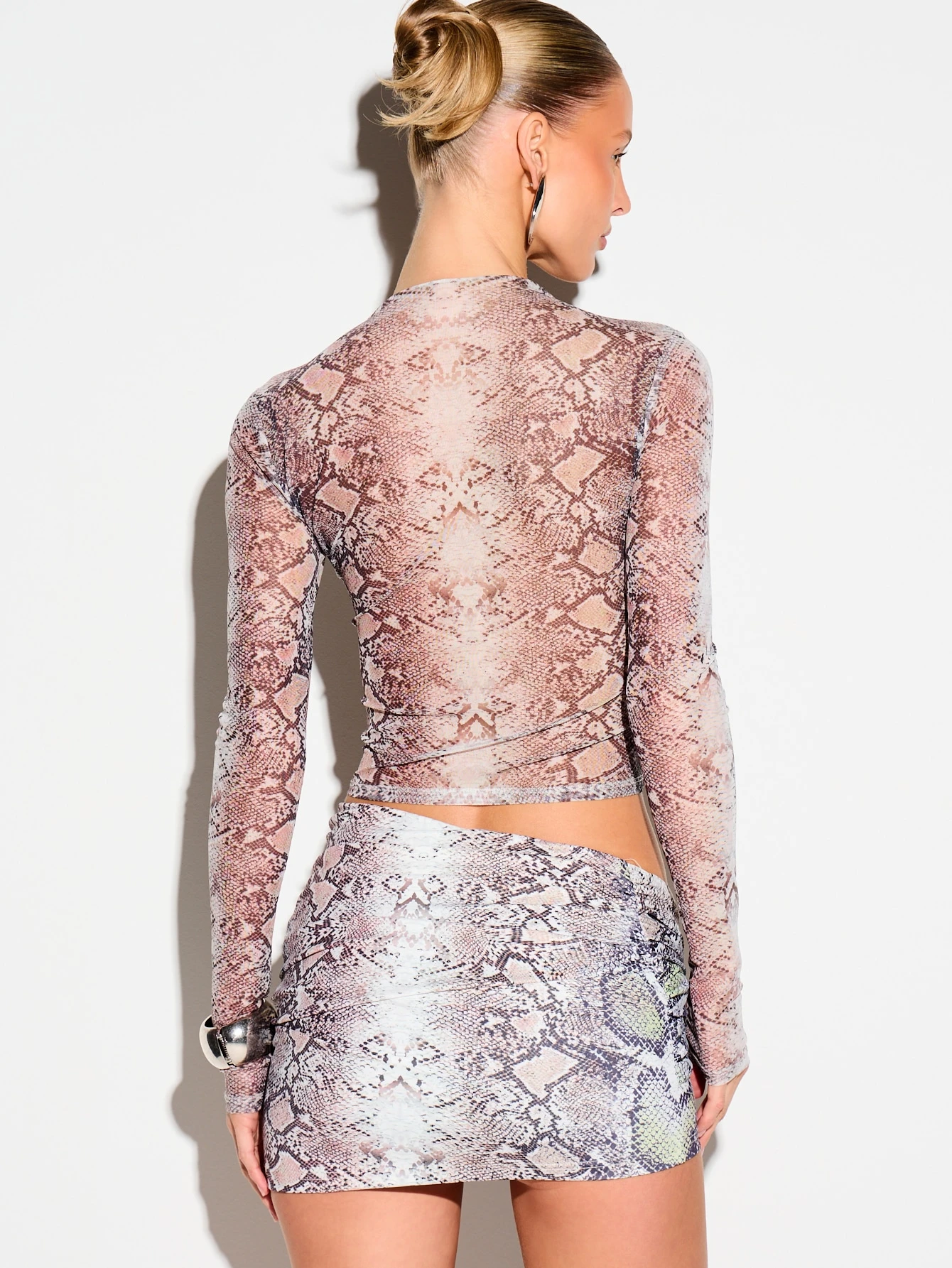 KIZN Snake Print Mesh Mock Neck Crop Top