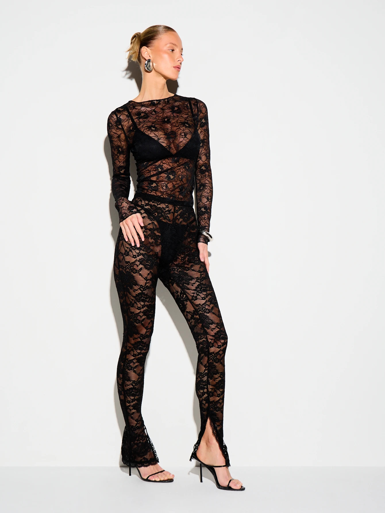 KIZN Black Lace Split Hem Leggings