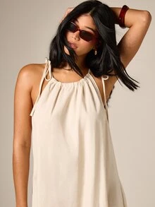 AiiRZ Linen Halter Neck Mini Dress With Tie Shoulder Straps Summer Casual Sleeveless A-Line Shift Dress For Beach Vacation Day Wear - Apricot - View 4