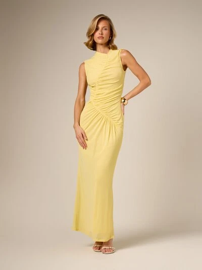 AiiRZ Robe longue d'été élégante pour femme, sans manches, à col montant, avec drapé sur le côté, longueur cheville, en jaune, plissée et froncée