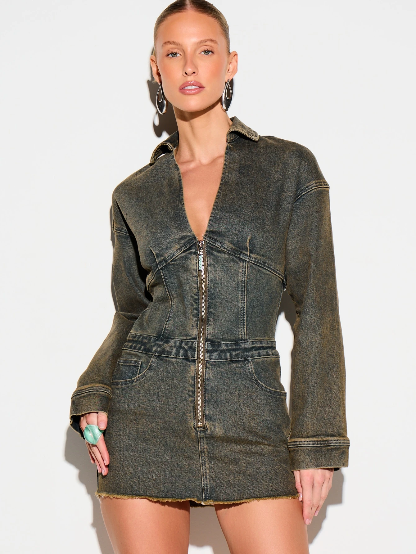 KIZN Collared Denim Bodycon Mini Dress With Zipper