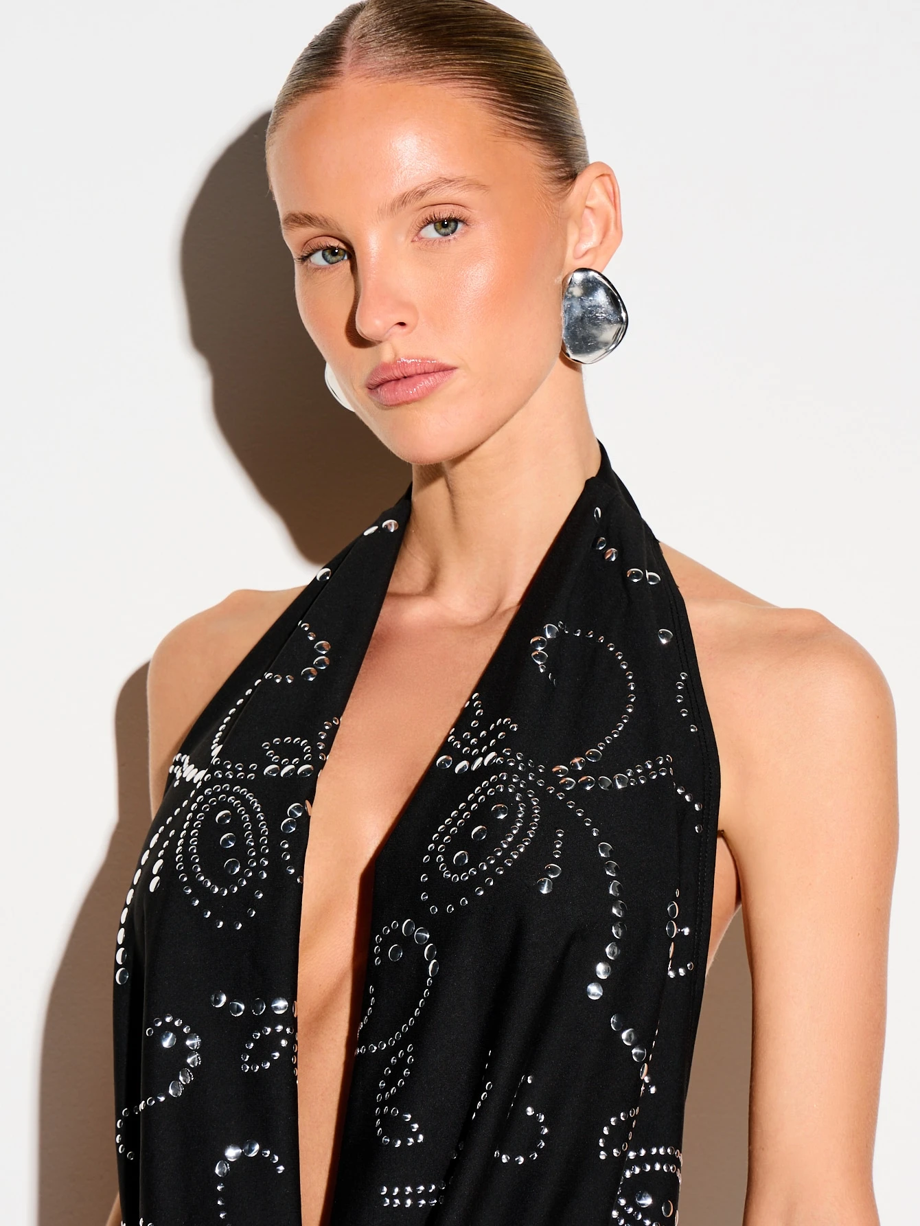 KIZN Black Studded Cowl Neck Halter Top