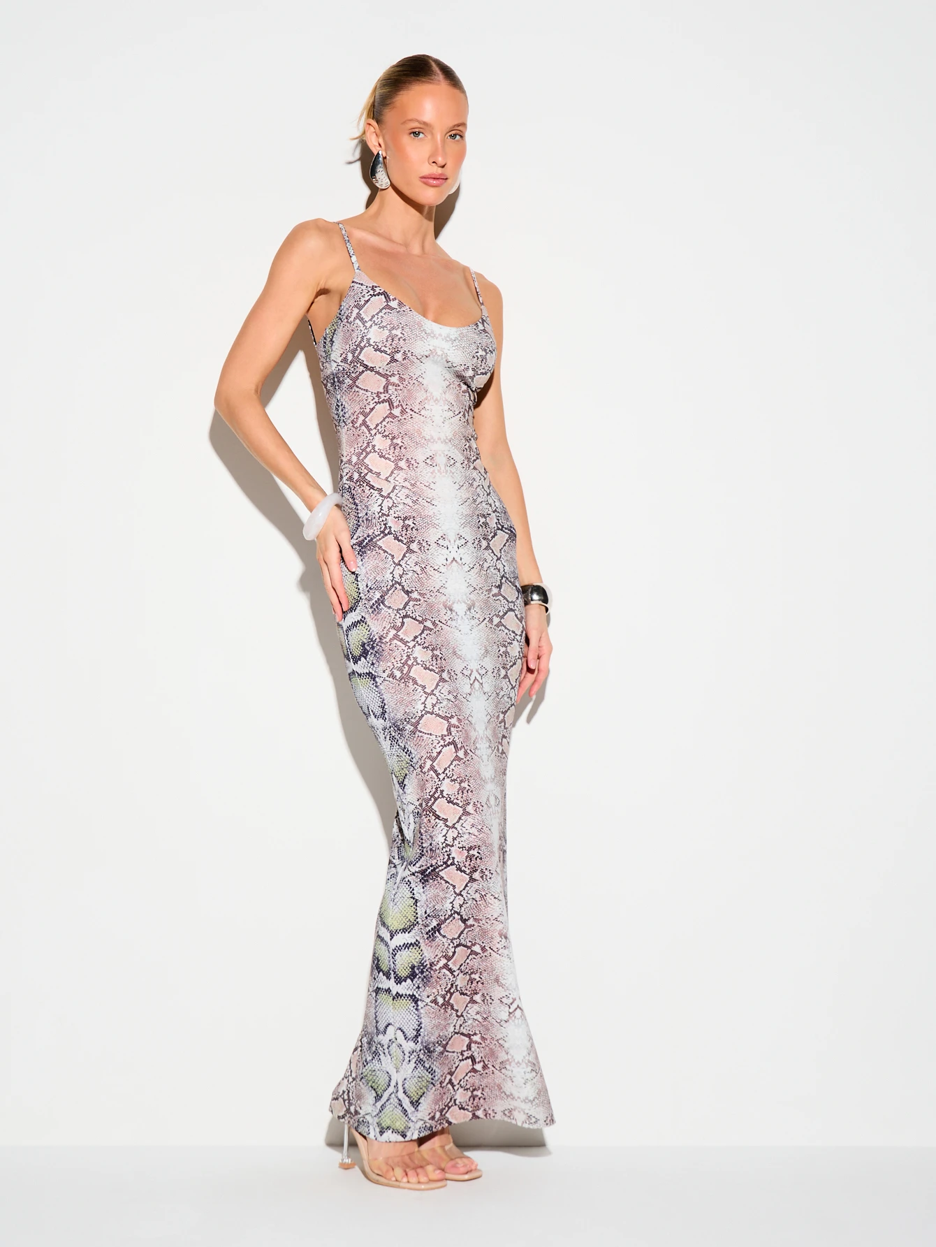 KIZN Snake Print Bodycon Maxi Dress With Sweetheart Neckline