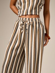 AiiRZ 女士条纹阔腿裤 高腰抽绳休闲裤 飘逸纹理夏季舒适下装 - 彩色 - 查看 4