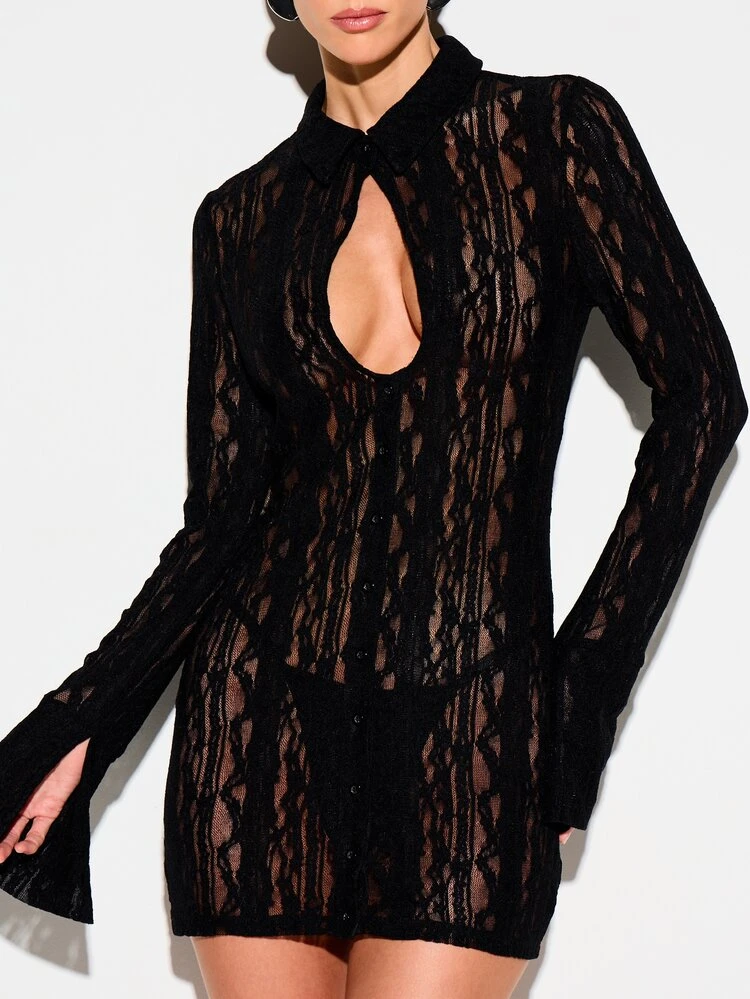 KIZN Women's Black Lace Long Sleeve High Neck Keyhole Mini Dress With Button Front Closure For Cocktail Evening Party