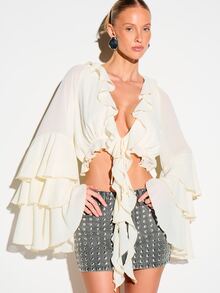 KIZN Ruffle Tie Front Long Sleeve Blouse With Deep V-Neck And Bell Sleeves For Date Night And Special Occasions - Apricot - View 1