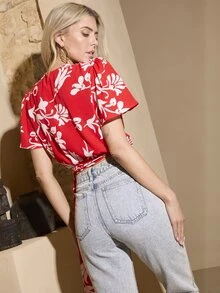 Dancing Leopard Red Floral Wrap Fluted Sleeve Blouse, Holiday/Vacation Wear - Red - View 2