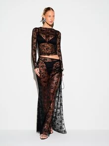 KIZN Falda larga elegante de encaje negro transparente con abertura lateral, cintura alta, ajustado, para ocasiones formales y fiestas - Negro - Ver 5