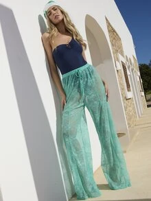 Dancing Leopard Vesper Green Lace Sheer Trousers Work Office Smart Casual Evening Evening Occasion - Green - View 1