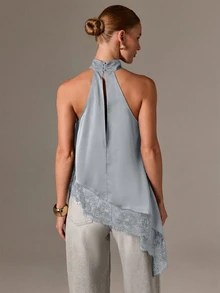 AiiRZ High Neck Halter Satin Top With Lace Hem Detail Sleeveless Asymmetrical Blouse For Evening Party Occasions - Dusty Blue - View 2
