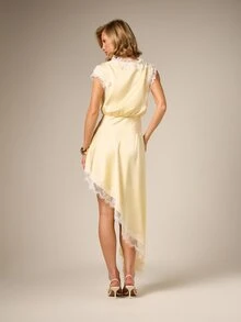 AiiRZ Elegant Satin Asymmetric Maxi Dress With Delicate Lace Trim And Ruffled Neckline For Special Occasions Party Wedding Guest - Pale Yellow - View 2