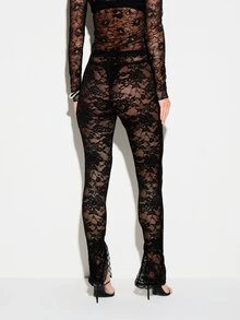 KIZN Quần legging ren đen dành cho nữ, xẻ tà, họa tiết hoa, co giãn, ôm sát, thích hợp cho mùa thu đông, mặc buổi tối, kiểu dáng bodycon, thiết kế ren xuyên thấu. - màu đen - Xem 3