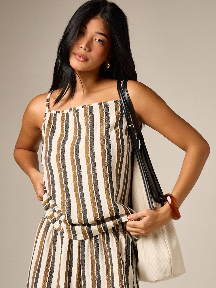 Textured Striped Cami Top With Square Neck