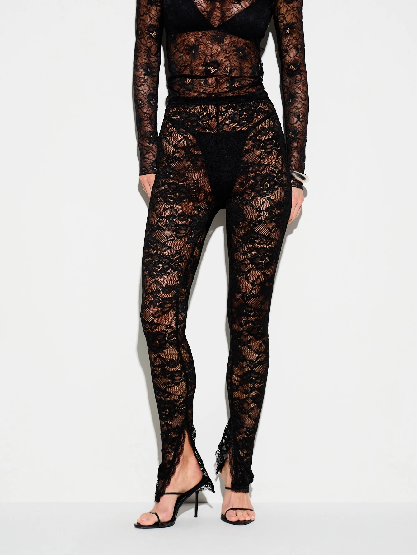 KIZN Black Lace Split Hem Leggings