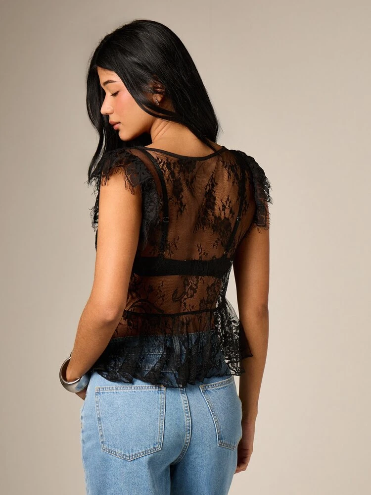 Black Lace Peplum V-Neck Blouse