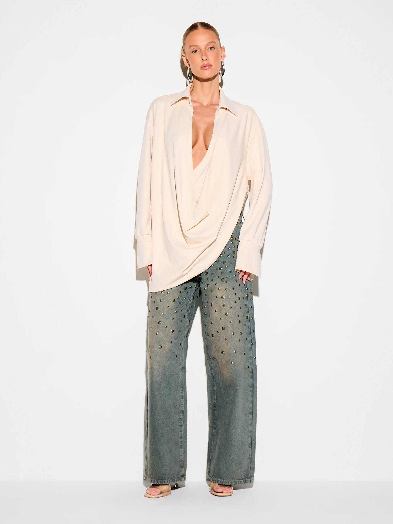 KIZN Oversized Cowl Neck Drape Blouse With Collar