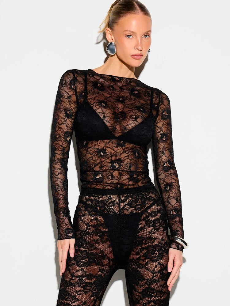 KIZN Black Lace Long Sleeve Top With Floral Pattern