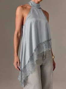 AiiRZ High Neck Halter Satin Top With Lace Hem Detail Sleeveless Asymmetrical Blouse For Evening Party Occasions - Dusty Blue - View 5