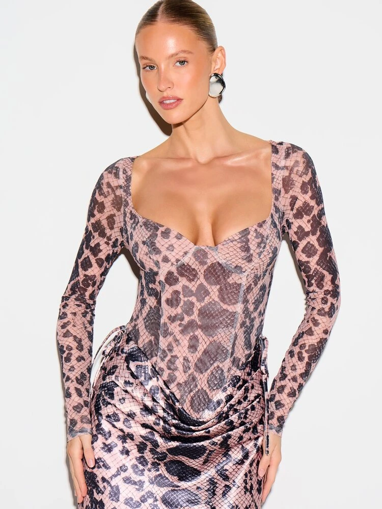 KIZN Women's Python Snake Print Mesh Long Sleeve Bodysuit With Plunge Neckline And Fitted Silhouette For Date Night Party Outfit