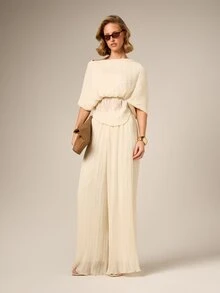 AiiRZ 女士高腰褶裥阔腿裤，优雅飘逸，长款休闲裤，适合春夏穿着 - 杏色 - 查看 4