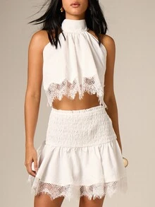 AiiRZ White Smocked Ruffle Mini Skirt With Lace Trim Elastic Waistband High Rise Boho Summer Beach Vacation Feminine Flowy A-Line Short Skirt - White - View 5