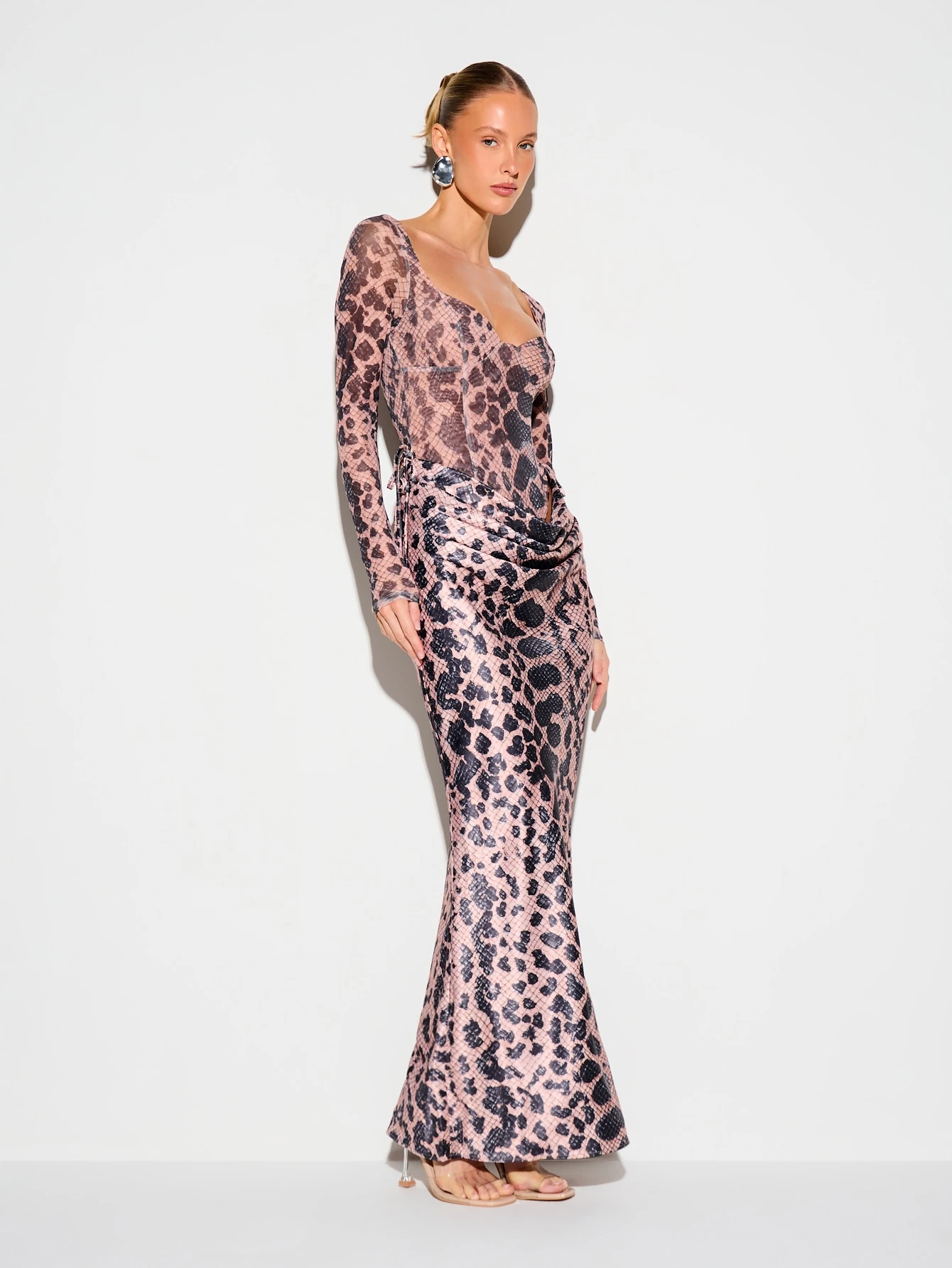 KIZN Satin Snake Print Maxi Skirt With Tie Detail